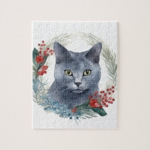 Russian Blue Cat Christmas Wreath Festive Kitten Jigsaw Puzzle