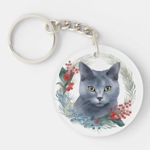 Russian Blue Cat Christmas Wreath Festive Kitten Keychain