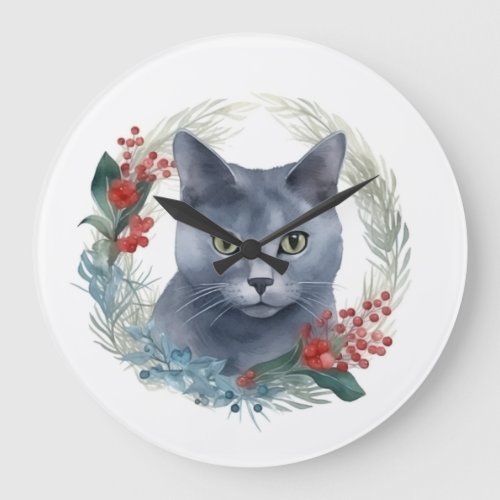 Russian Blue Cat Christmas Wreath Festive Kitten Large Clock