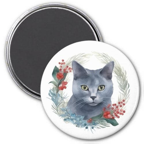 Russian Blue Cat Christmas Wreath Festive Kitten Magnet