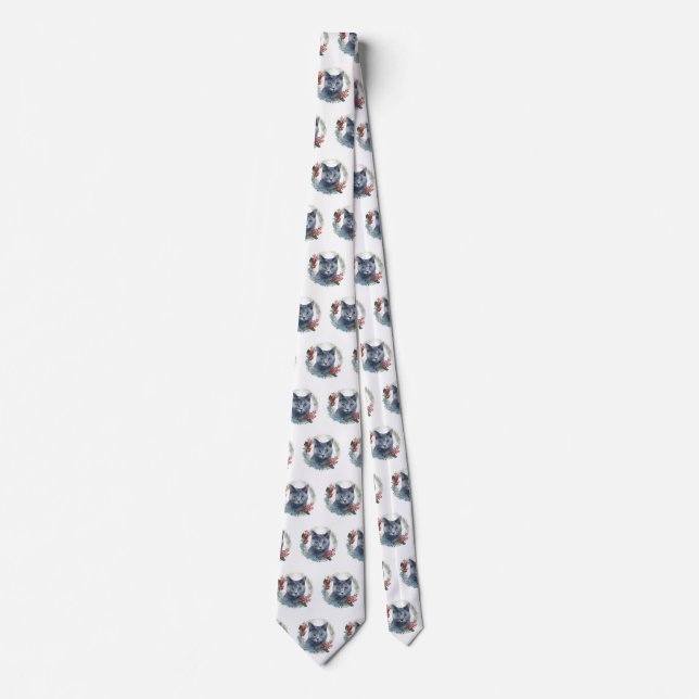 Russian Blue Cat Christmas Wreath Festive Kitten Neck Tie (Front)