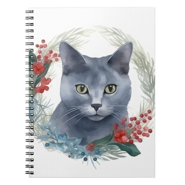 Russian Blue Cat Christmas Wreath Festive Kitten Notebook (Front)