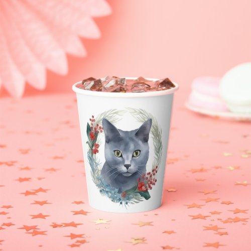 Russian Blue Cat Christmas Wreath Festive Kitten Paper Cups