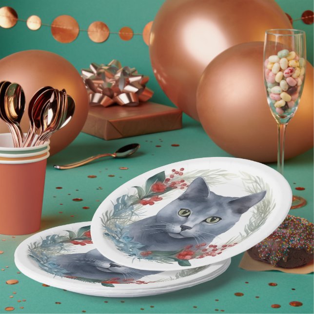 Russian Blue Cat Christmas Wreath Festive Kitten Paper Plates (Multi)