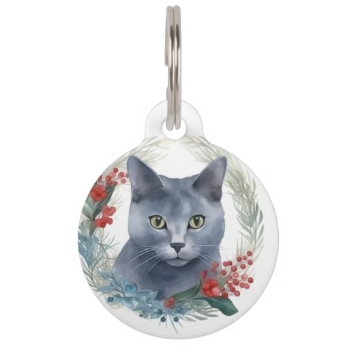 Russian Blue Cat Christmas Wreath Festive Kitten Pet ID Tag