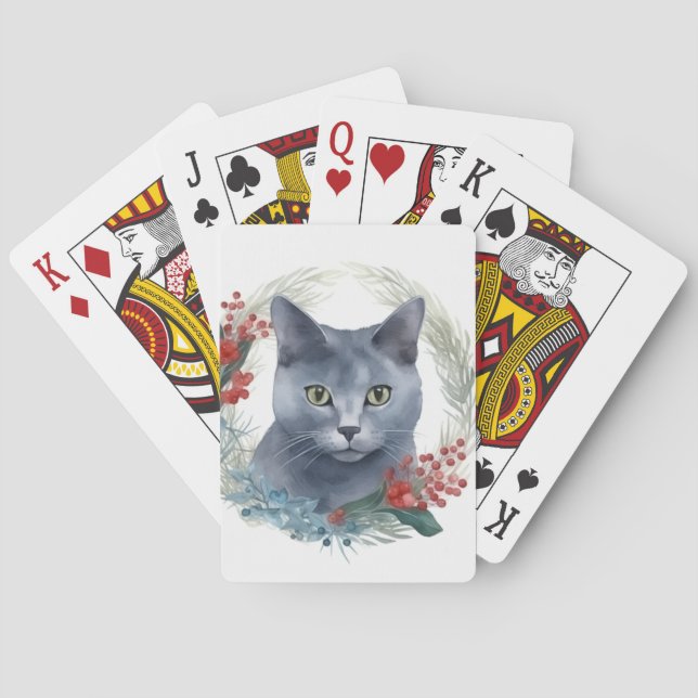 Russian Blue Cat Christmas Wreath Festive Kitten Poker Cards (Back)