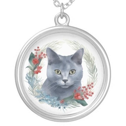 Russian Blue Cat Christmas Wreath Festive Kitten Silver Plated Necklace