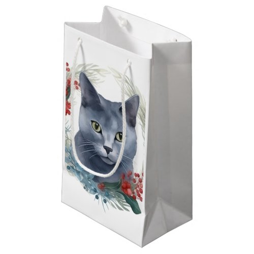 Russian Blue Cat Christmas Wreath Festive Kitten Small Gift Bag