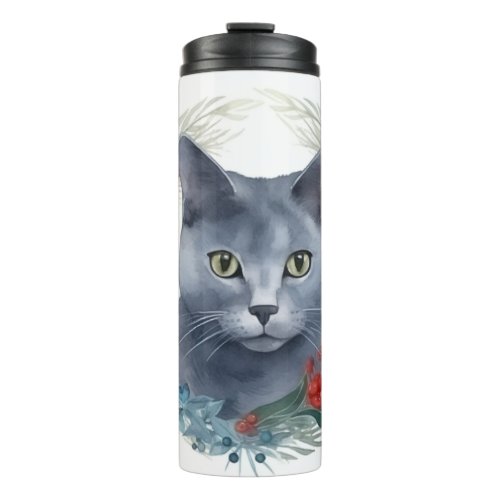 Russian Blue Cat Christmas Wreath Festive Kitten Thermal Tumbler