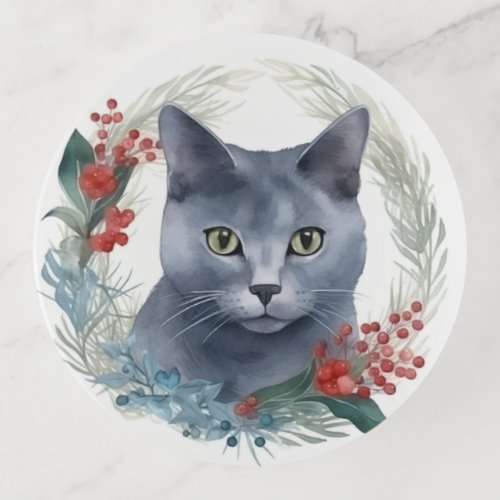 Russian Blue Cat Christmas Wreath Festive Kitten Trinket Tray