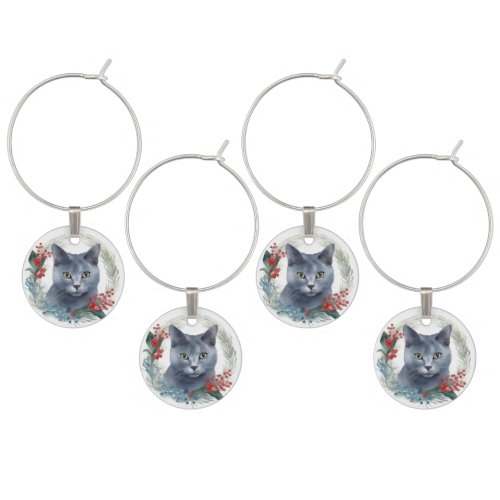 Russian Blue Cat Christmas Wreath Festive Kitten Wine Charm