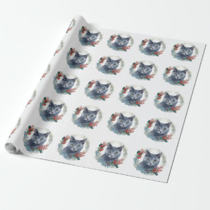 Russian Blue Cat Christmas Wreath Festive Kitten Wrapping Paper