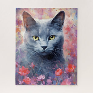 Russian Blue cat colorful watercolor artwork Jigsaw Puzzle
