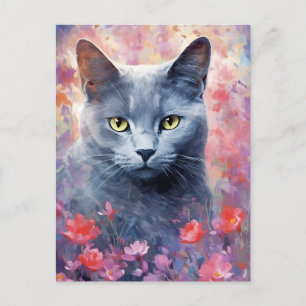 Russian Blue cat colorful watercolor artwork Postcard