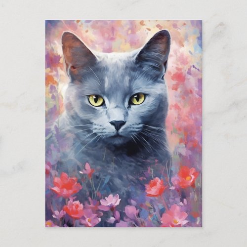 Russian Blue cat colorful watercolor artwork Postcard