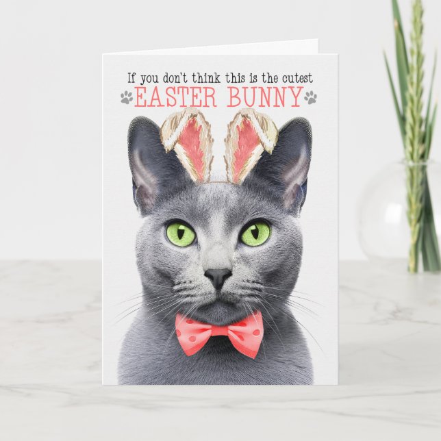 Russian Blue Cat Cutest Easter Bunny Kitty Puns Holiday Card (Front)
