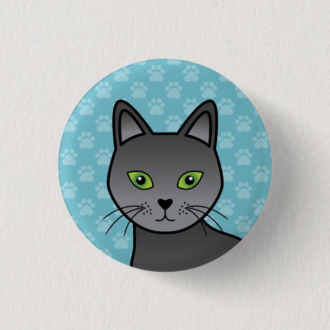 Russian Blue Cat Illustration Face Close-Up Button (Front)