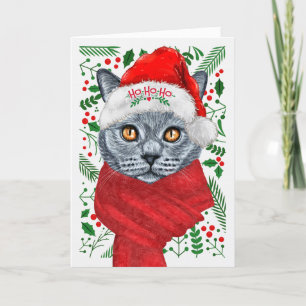 Russian Blue Cat in a Santa Hat Meowy Christmas Holiday Card