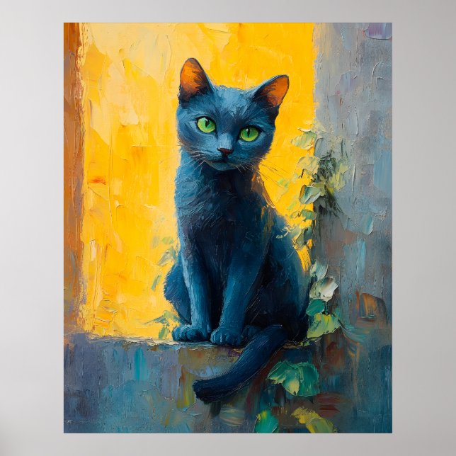 Russian Blue Cat in Golden Light – Peaceful Ledge  Poster (Front)