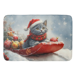 Russian Blue Cat in Sledge Let it Snow Christmas Bath Mat