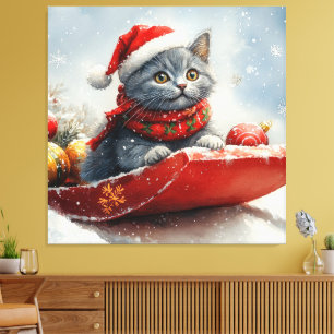 Russian Blue Cat in Sledge Let it Snow Christmas Canvas Print