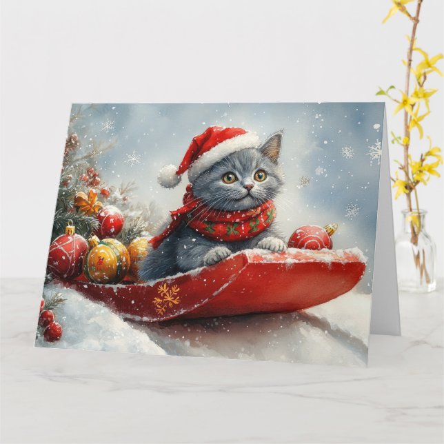 Russian Blue Cat in Sledge Let it Snow Christmas Card (Yellow Flower)