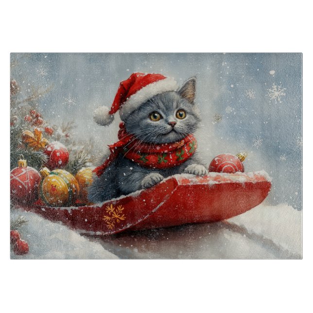 Russian Blue Cat in Sledge Let it Snow Christmas Cutting Board (Front)