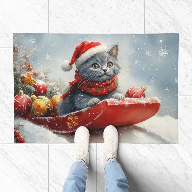 Russian Blue Cat in Sledge Let it Snow Christmas Doormat (Indoor)
