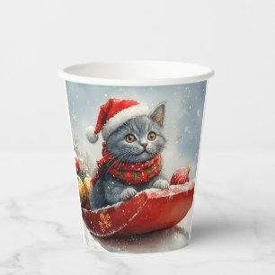 Russian Blue Cat in Sledge Let it Snow Christmas Paper Cups