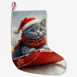 Russian Blue Cat in Sledge Let it Snow Christmas Small Christmas Stocking