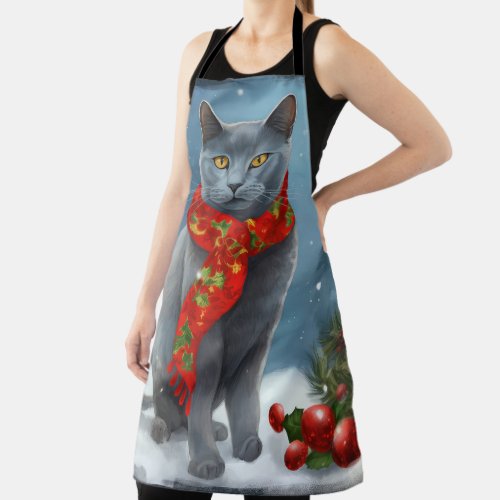 Russian Blue Cat in Snow Christmas Apron