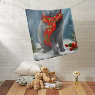 Russian Blue Cat in Snow Christmas Baby Blanket