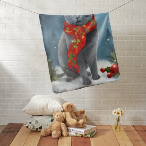 Russian Blue Cat in Snow Christmas Baby Blanket