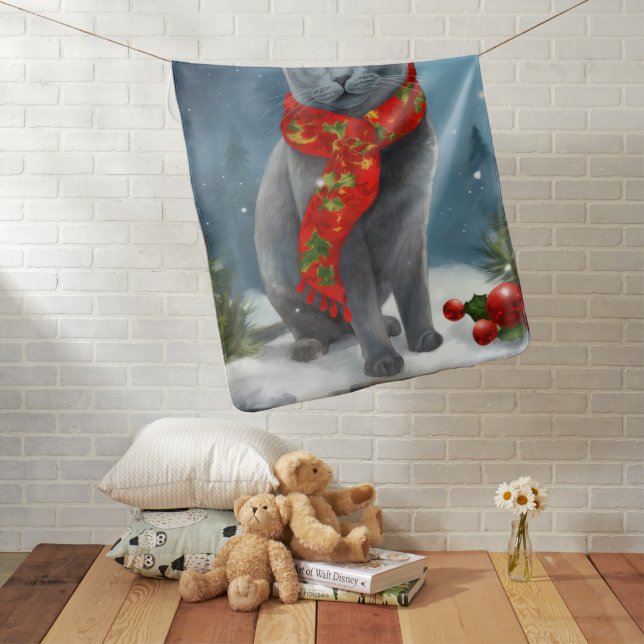 Russian Blue Cat in Snow Christmas Baby Blanket (In Situ)