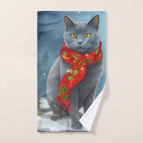 Russian Blue Cat in Snow Christmas Bath Towel Set