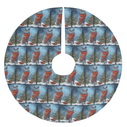 Russian Blue Cat in Snow Christmas Brushed Polyester Tree Skirt