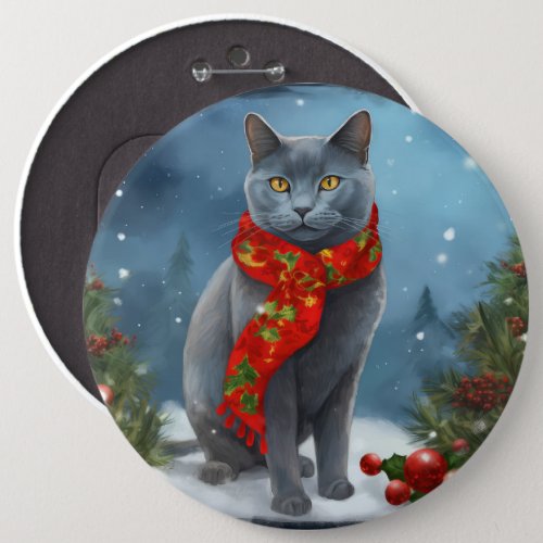 Russian Blue Cat in Snow Christmas Button