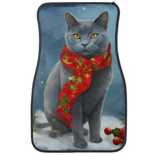 Russian Blue Cat in Snow Christmas Car Floor Mat