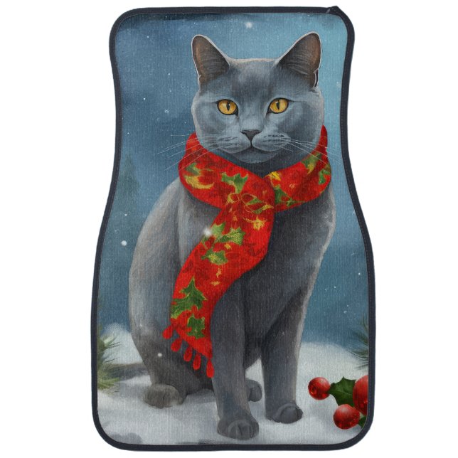 Russian Blue Cat in Snow Christmas Car Floor Mat (Front)