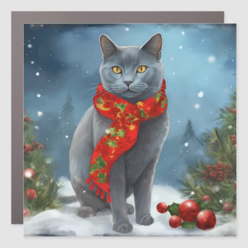 Russian Blue Cat in Snow Christmas Car Magnet
