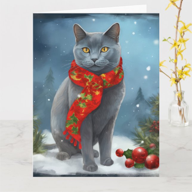 Russian Blue Cat in Snow Christmas Card (Yellow Flower)
