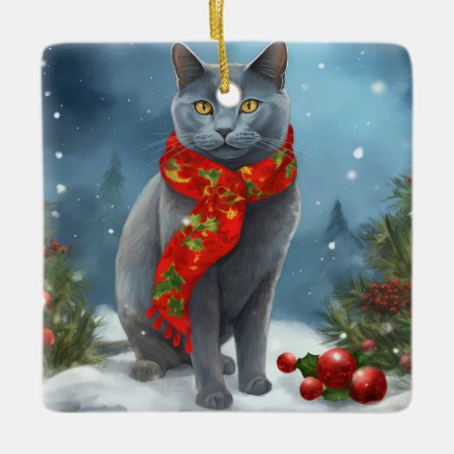 Russian Blue Cat in Snow Christmas Ceramic Ornament
