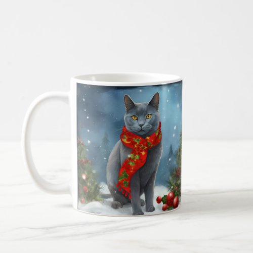 Russian Blue Cat in Snow Christmas Coffee Mug