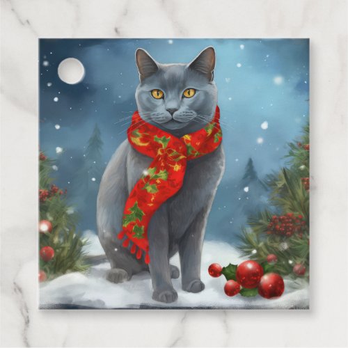 Russian Blue Cat in Snow Christmas Favor Tags