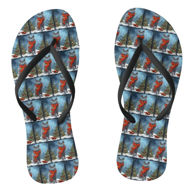Russian Blue Cat in Snow Christmas Flip Flops (Footbed)