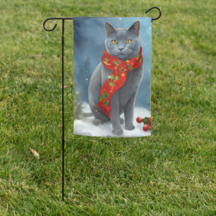 Russian Blue Cat in Snow Christmas Garden Flag