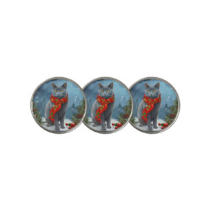 Russian Blue Cat in Snow Christmas Golf Ball Marker
