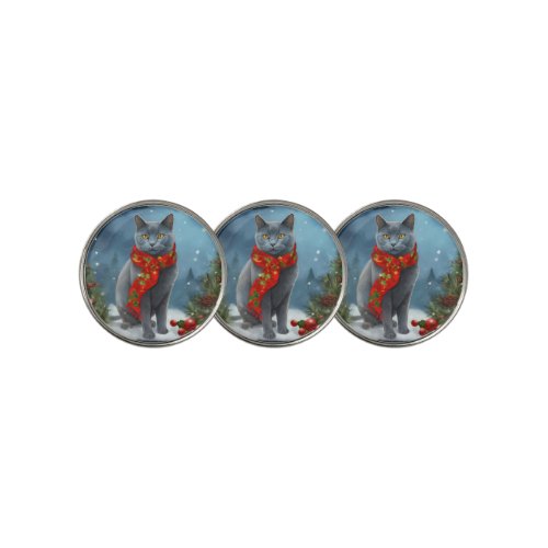 Russian Blue Cat in Snow Christmas Golf Ball Marker