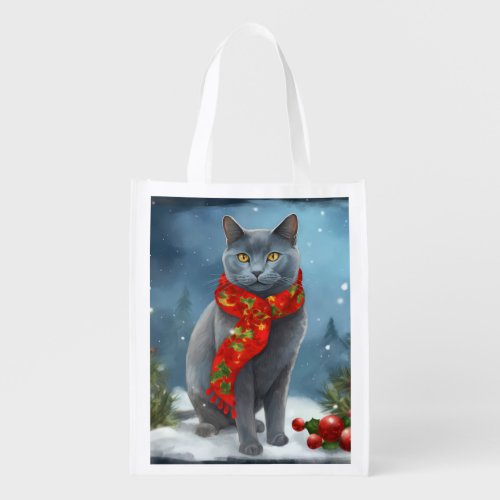 Russian Blue Cat in Snow Christmas Grocery Bag