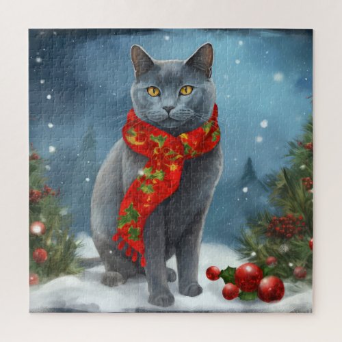 Russian Blue Cat in Snow Christmas Jigsaw Puzzle